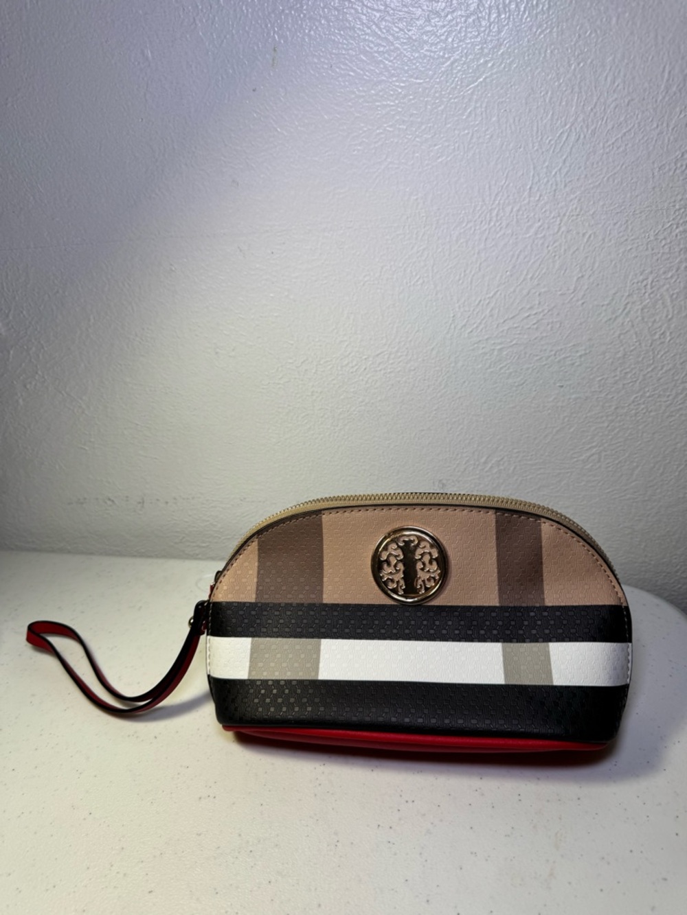 London Fog cosmetic faux leather, gold-tone hardware, secure top-zip closure